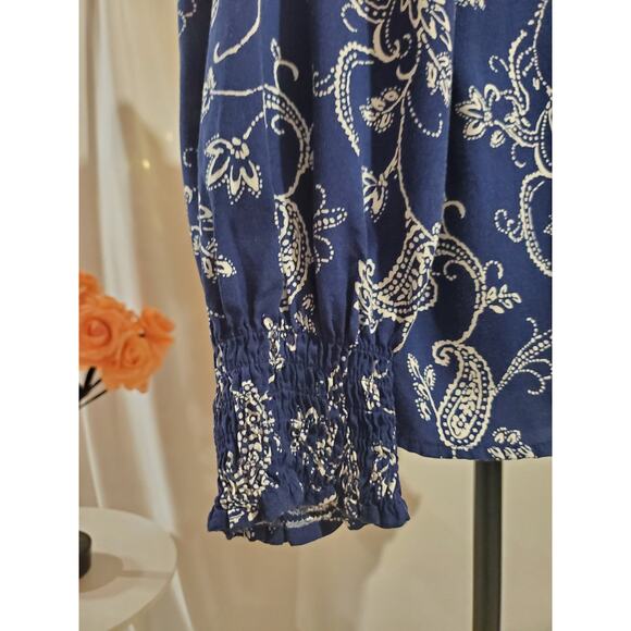Talbots Smocked Paisley Keyhole Tie Neck Blouse Top Womens Size L Blue Boho - Picture 7 of 10